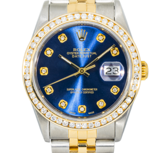Alternative view of Rolex Datejust 16233 with blue aftermarket diamond dial and diamond bezel. Two-tone 36mm Jubilee bracelet luxury timepiece.