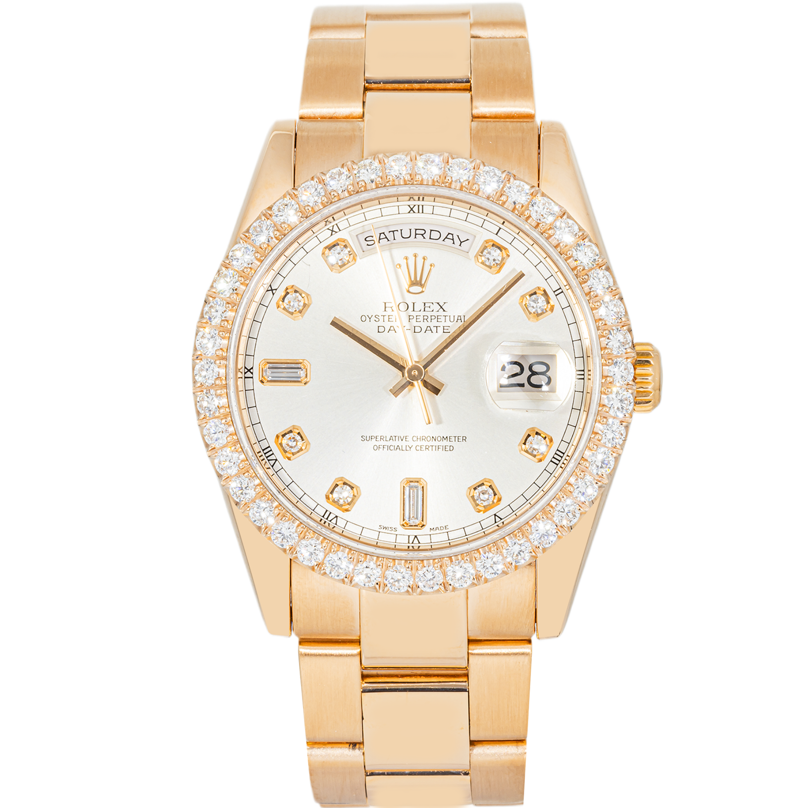 Rolex Day-Date 118205 36mm Everose Gold Silver Diamond Dial Diamond Bezel President