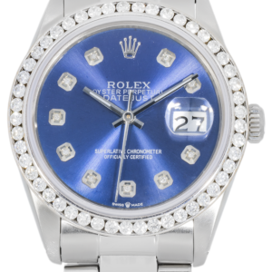 Alternative view of Rolex Datejust 16014 with Aftermarket Diamond Bezel and Blue Dial