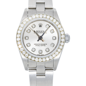 Alternative view of Rolex 76080 Silver Diamond Dial w/ Aftermarket Diamond Bezel