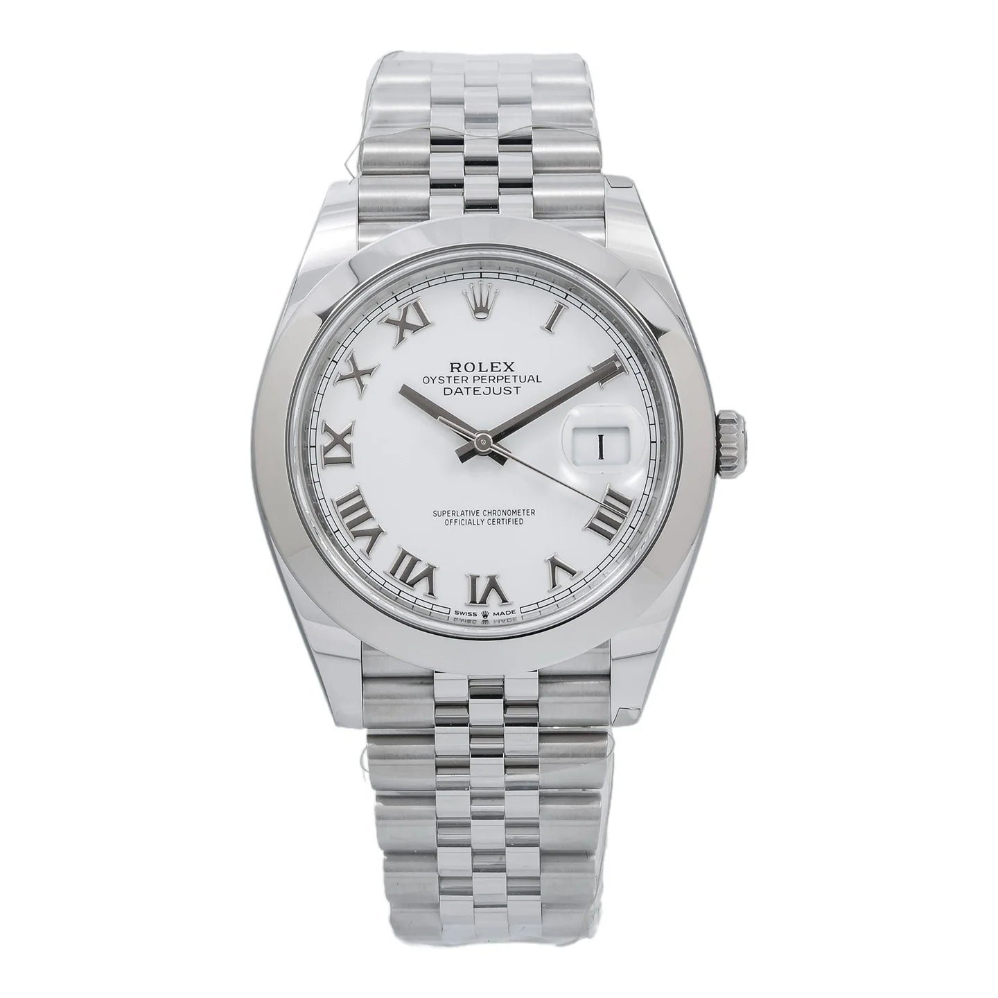 Rolex Datejust 41mm 126300 White Roman Dial Smooth Bezel Jubilee Bracelet